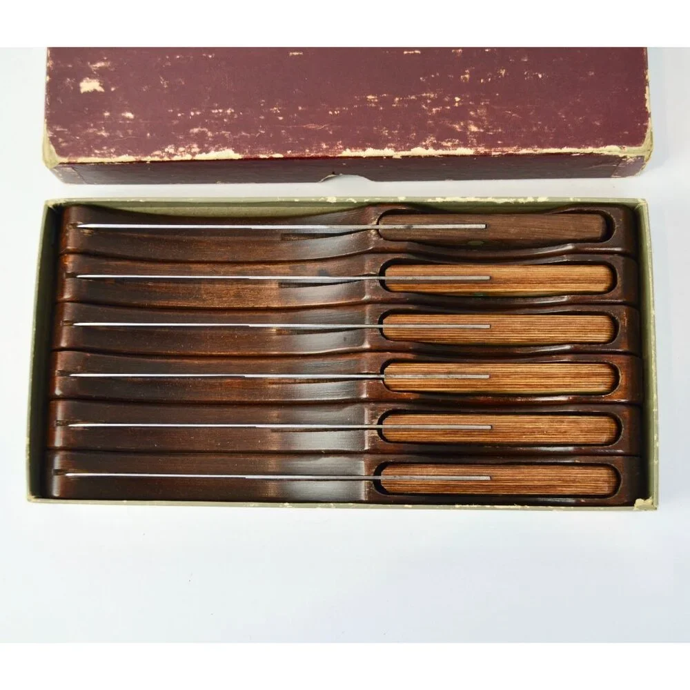 Flint Hollow Ground Set of 6 Steak Knives Vintage Individual Hardwood Holders In